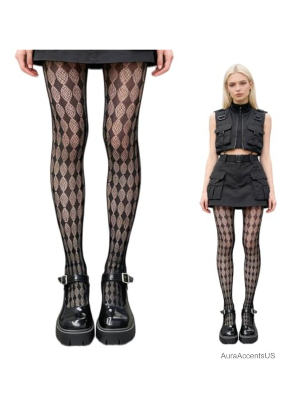 Women's Argyle Fishnet Tights High Waist Stretch Pantyhose Goth Mesh Stockings